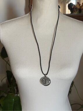 Vintage Silver Tree of Life Celestial Moon Star Black Leather Cord Necklace